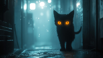 Mischievous Little Demon Cat with Glowing Red Eyes in a Mystical Forest