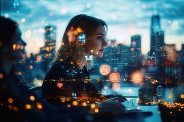 Fototapeta premium A woman engaged in digital work, with a cityscape and tech icons overlay.