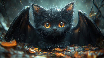 Little Demon Cat with Green Eyes and Skeletal Features Perched on a Twisted Tree