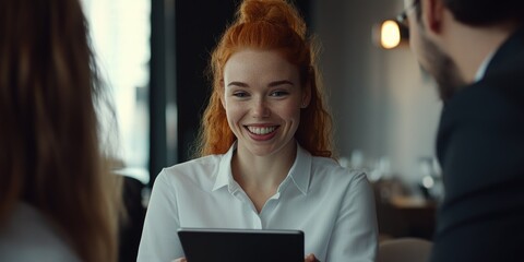 Professional Woman with Tablet and Smile, Business Meeting
