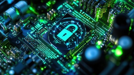 Fototapeta premium Circuit board with a security lock symbol illuminated.