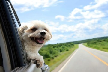 A happy dog enjoys a road trip with its head out of a car window on a sunny day.