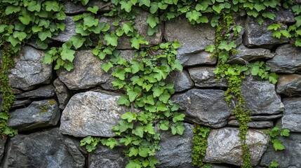Lush green ivy climbing a rustic stone wall.
