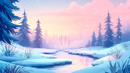 Serene winter wonderland with snow-covered trees and tranquil stream. Silent Frosty Stream. Illustration