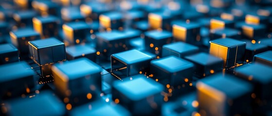 Fototapeta premium Dynamic composition of blue and black futuristic cubes with glowing edges, arranged in a grid pattern with high contrast lighting