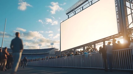 Stadium Crowd Watching Blank Jumbotron Screen at Sunset