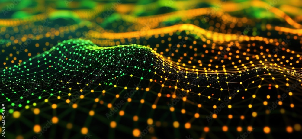 Poster abstract digital landscape with glowing nodes and lines, vibrant green and orange colors, representi