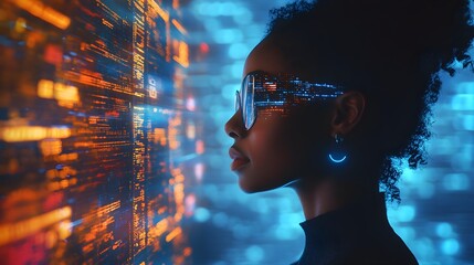 AI cyber security threat illustration, black african american female IT specialist analysing data information technology, augmented reality artificial intelligence collage, side profile, copy space