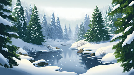 Ai generated illustration of a tranquil stream surrounded by snow-covered evergreen trees. Silent Frosty Stream. Illustration