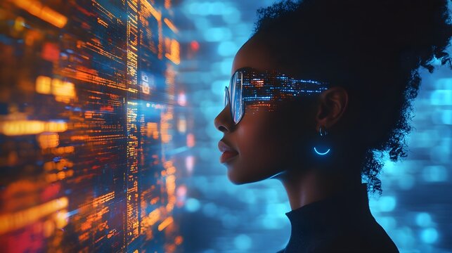 AI cyber security threat illustration, black african american female IT specialist analysing data information technology, augmented reality artificial intelligence collage, side profile, copy space