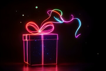A glowing neon outline of a Christmas gift with a festive bow and ribbon suspended in the darkness --ar 3:2 --s 50
