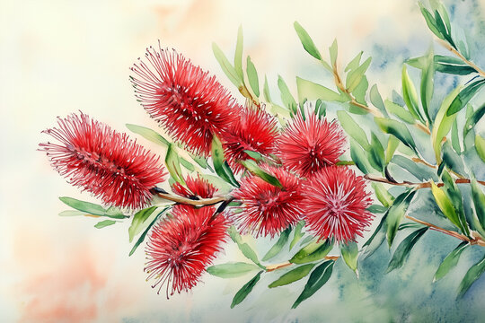 Vibrant watercolor of red bottlebrush flowers with lush green leaves and intricate details