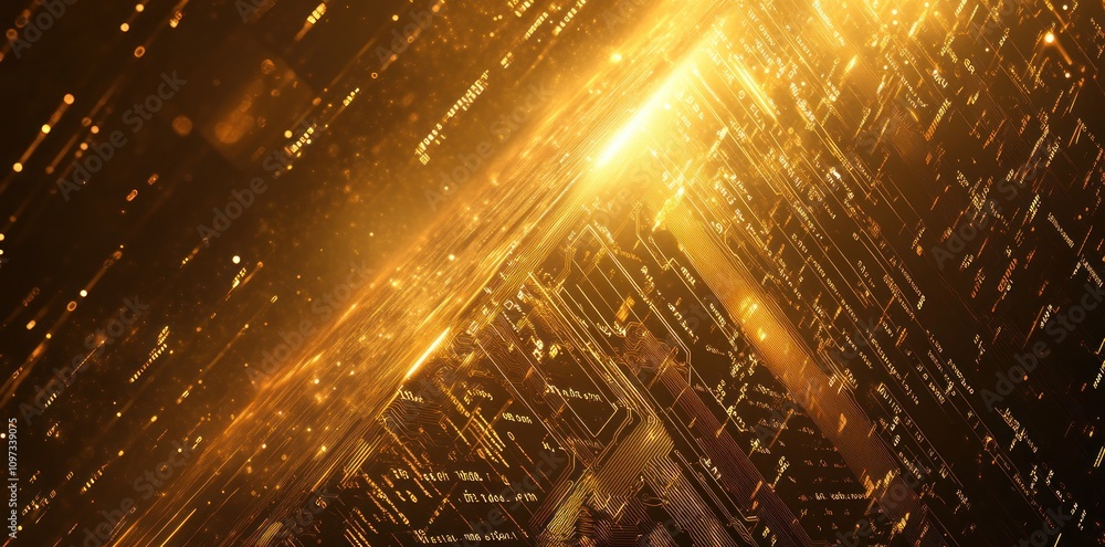 Poster a dynamic, golden abstract background with shimmering light effects and geometric patterns.