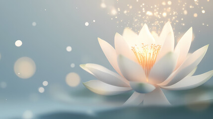 Obraz premium A delicate lotus flower in full bloom, with soft, glowing light illuminating its petals from above, isolated on white background. Illuminated Lotus Bloom. Illustration