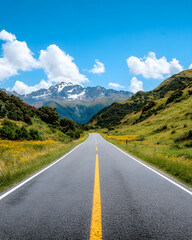 Fototapeta premium A road of travel through unique landscapes. Landmarks by road by car through nature and a passion for traveling around the world