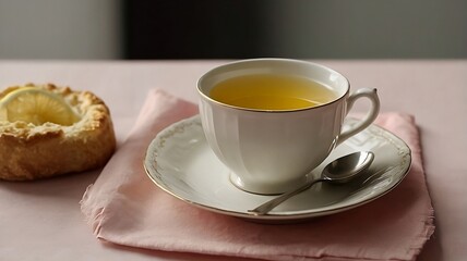 Simple Elegant Tea with Lemon and a Golden Pastry on a Soft Pink Napkin