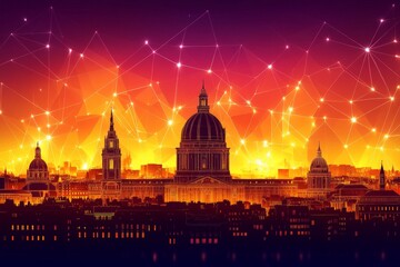 Fototapeta premium Futuristic cityscape of glowing domes under a vibrant purple orange gradient sky blending technology and artistic illumination in a digital design