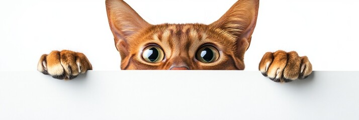Fototapeta premium A curious cat peeking over a white surface, showcasing its playful nature.