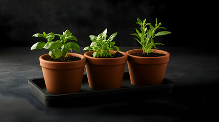Fototapeta premium Three potted basil plants on a dark tray against a black background.