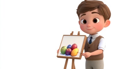 A young boy proudly presents his painting of colorful fruits on an easel.