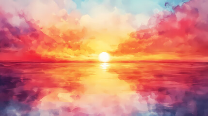Fototapeta premium Watercolor sunset with radiant sky reflected in tranquil waters. Radiant Sunset Waters. Illustration