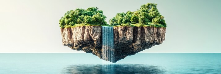 A floating heart-shaped island with lush trees and a waterfall over tranquil water.