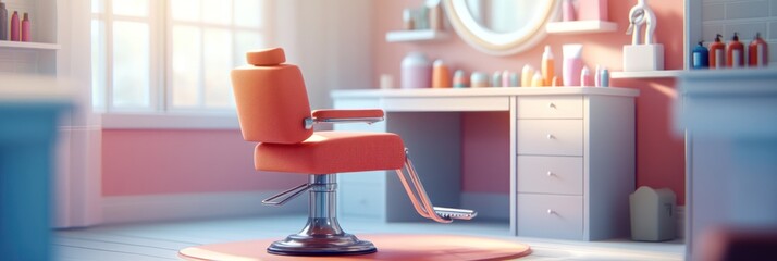 A vibrant salon interior featuring a stylish barber chair and a well-organized vanity.