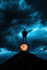 Silhouette on clock with ominous clouds, concept of time and destiny.
