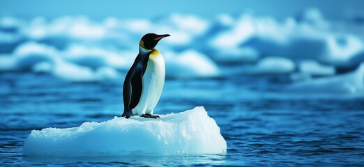 Fototapeta premium Emperor penguin on ice floe in ocean, majestic bird standing on iceberg, serene blue background, icy habitat