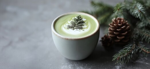 Matcha latte with pine decoration, cozy winter setting, green tea, creamy texture, pinecones, evergreen branches, holiday vibes