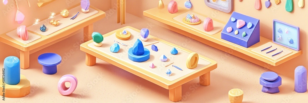 Poster a colorful display of gemstones and decorative objects in a bright, artistic setting.