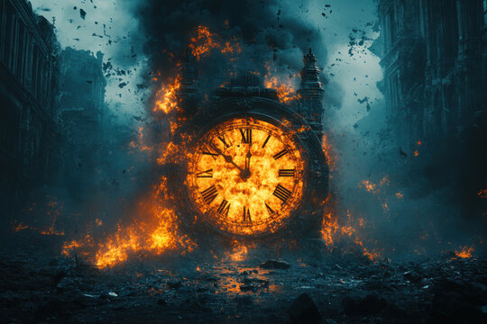 a giant clock engulfed in flames against a backdrop of a destroyed city. - Powered by Adobe