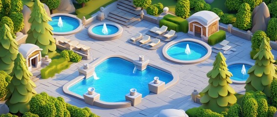 A serene outdoor leisure area featuring pools, fountains, and lounge chairs amidst greenery.