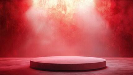 Obraz premium A Single Circular Pedestal in a Red Spotlight on a Textured Surface