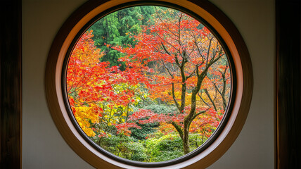 Obraz premium 円窓から見る紅葉の日本庭園