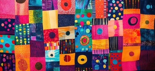 Colorful patchwork quilt design featuring vibrant patterns and textures, bright colors, circles, dots, and abstract shapes