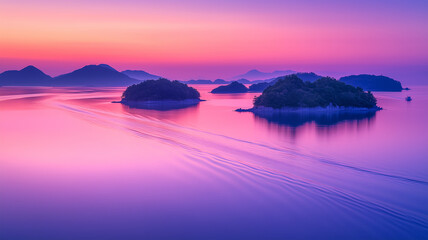 瀬戸内海、朝日に染まる静かな海と島々