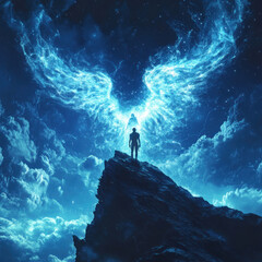 Obraz premium a fantasy image of a human figure standing on top of a cliff looking at a majestic light silhouette with wings formed from clouds or fog. 
