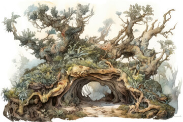 Watercolor illustration of a massive, ancient tree with curved branches and dense vegetation, creating the impression of a magical forest dwelling or cave.  