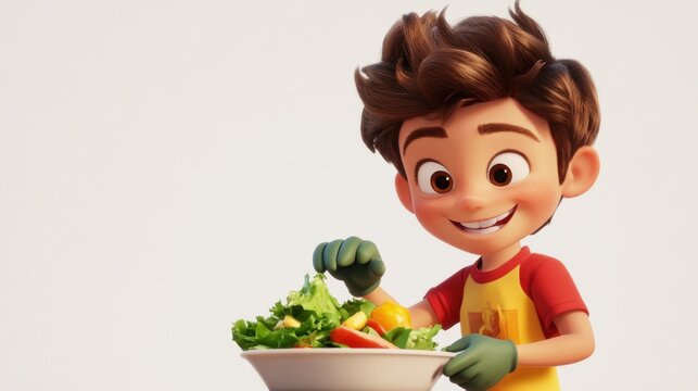 A cheerful boy prepares a colorful salad in a bowl, promoting healthy eating habits.