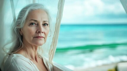 Elegant Woman with Silver Hair Gazing at Serene Ocean View
