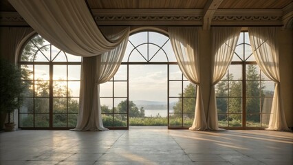 Window Views Large unobtrusive windows invite abundant natural light framing the outside scenery. The soft drapery falls elegantly enhancing the overall tranquil ambiance without