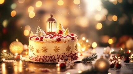 A festive cake adorned with decorations, set against a blurred holiday background.