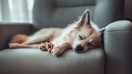 A sleeping dog rests peacefully on a soft couch, embodying comfort and tranquility.