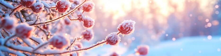 A serene winter scene featuring frosted branches and soft sunlight.