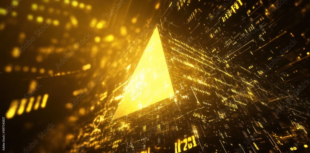 Poster a glowing pyramid surrounded by digital particles and data streams in a futuristic setting.