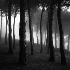 Obraz premium A monochrome photograph of a forest shrouded in thick fog creates an atmosphere of mystery and solitude. 