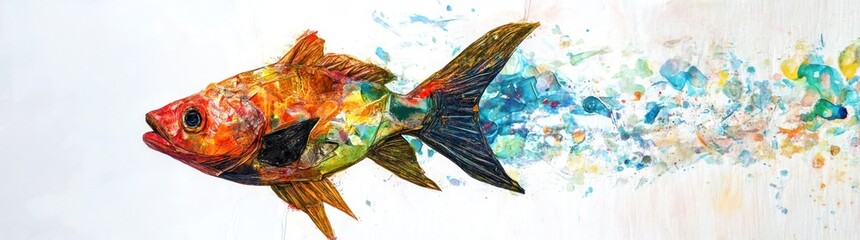 A vibrant, colorful fish swimming through a splash of paint, symbolizing creativity and movement.