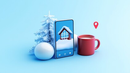 A smartphone displays a snowy house, accompanied by a mug and decorative elements.