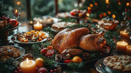 Christmas Day festive dinner table with a roasted turkey, candles, and traditional holiday dishes 